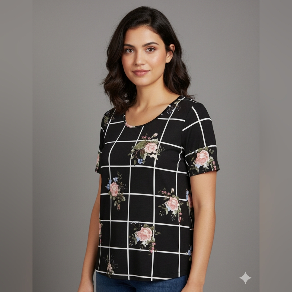J For Justify Black Floral Lace Up High-Low Short Sleeve T-Shirt Size Medium 🐈